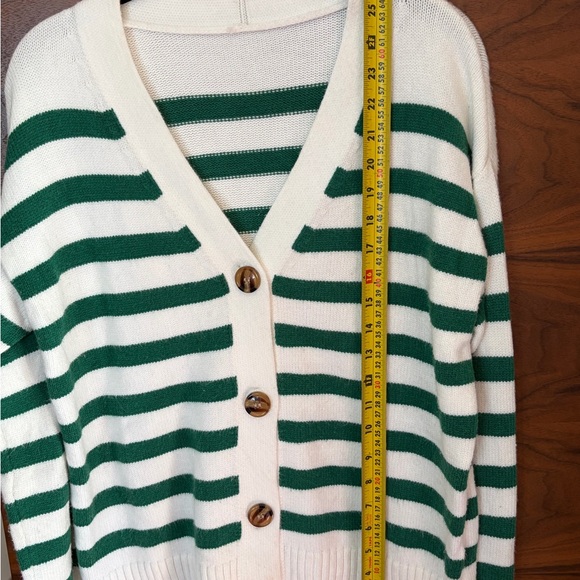 Green and White Striped V-Neck Button Cardigan - Picture 3 of 5